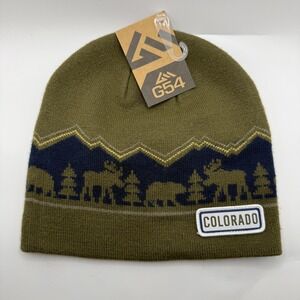 G54 Colorado Hat Beanie Knit Mens One Size Green Animal Trees Lined Winter Moose